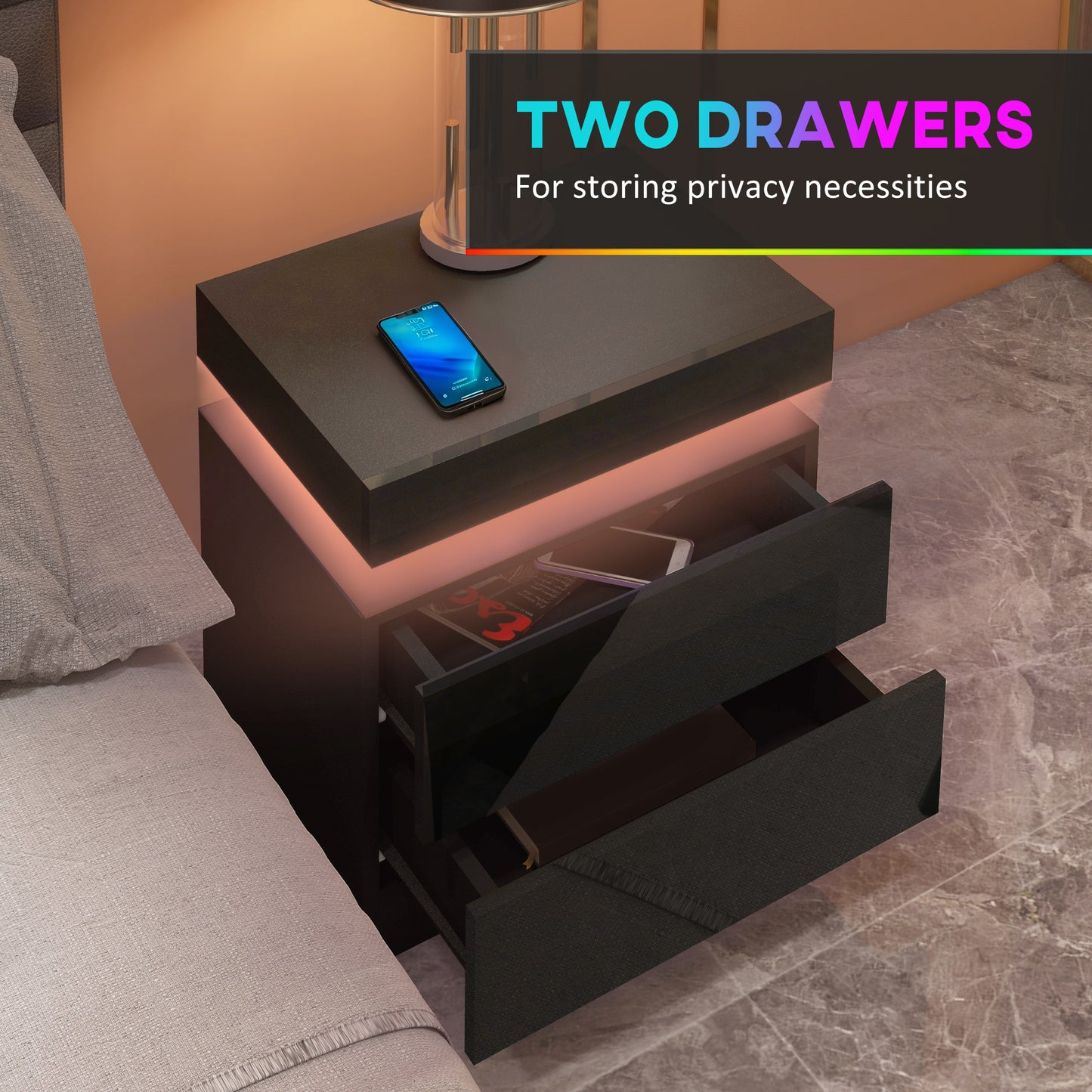 HOMCOM Black LED Color Changing Bedside Table With 2 Drawers High Gloss Front Nightstand For Living Room And Bedroom