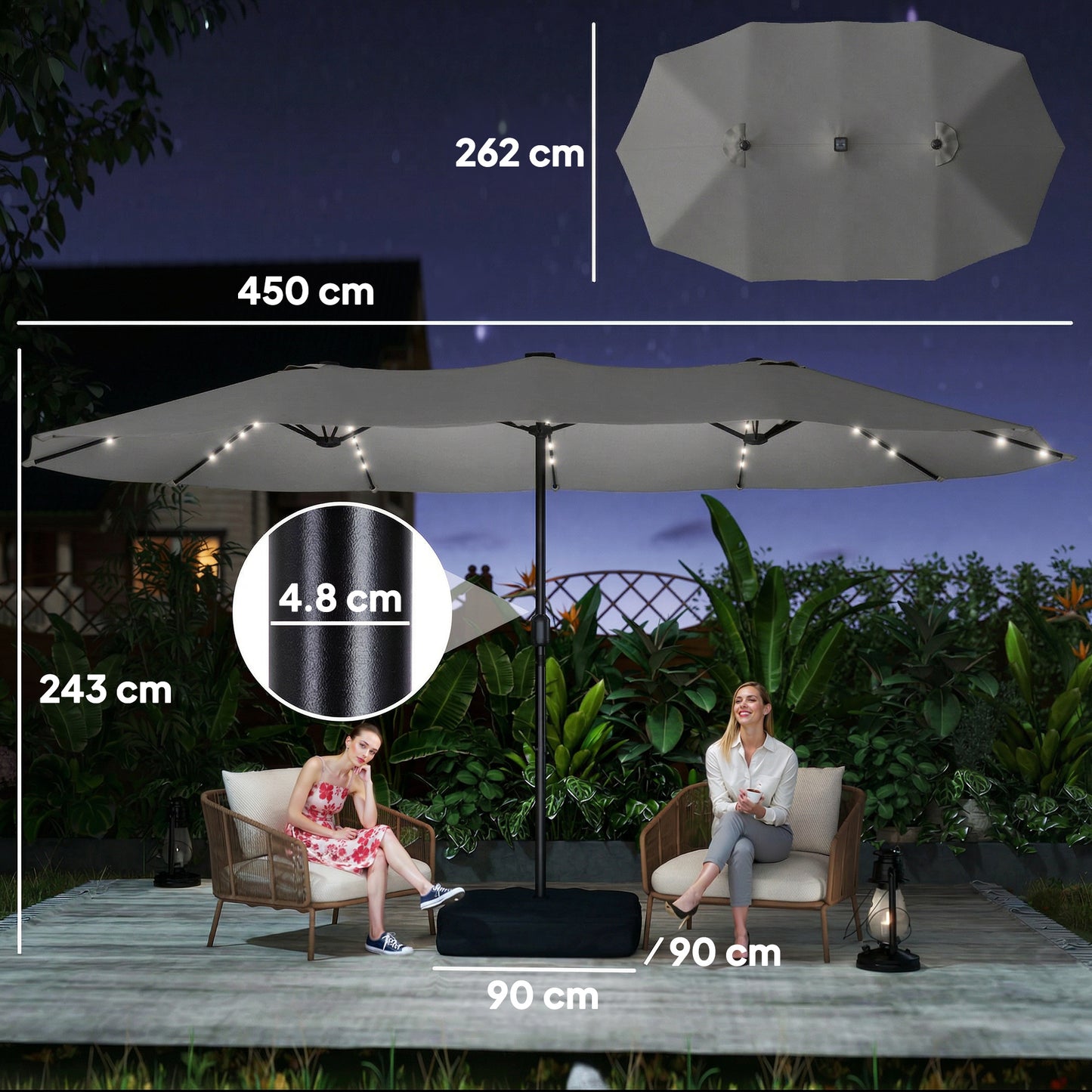 Outsunny Double Sided Patio Umbrella With Solar Lights Base Premium Grey Outdoor Shade