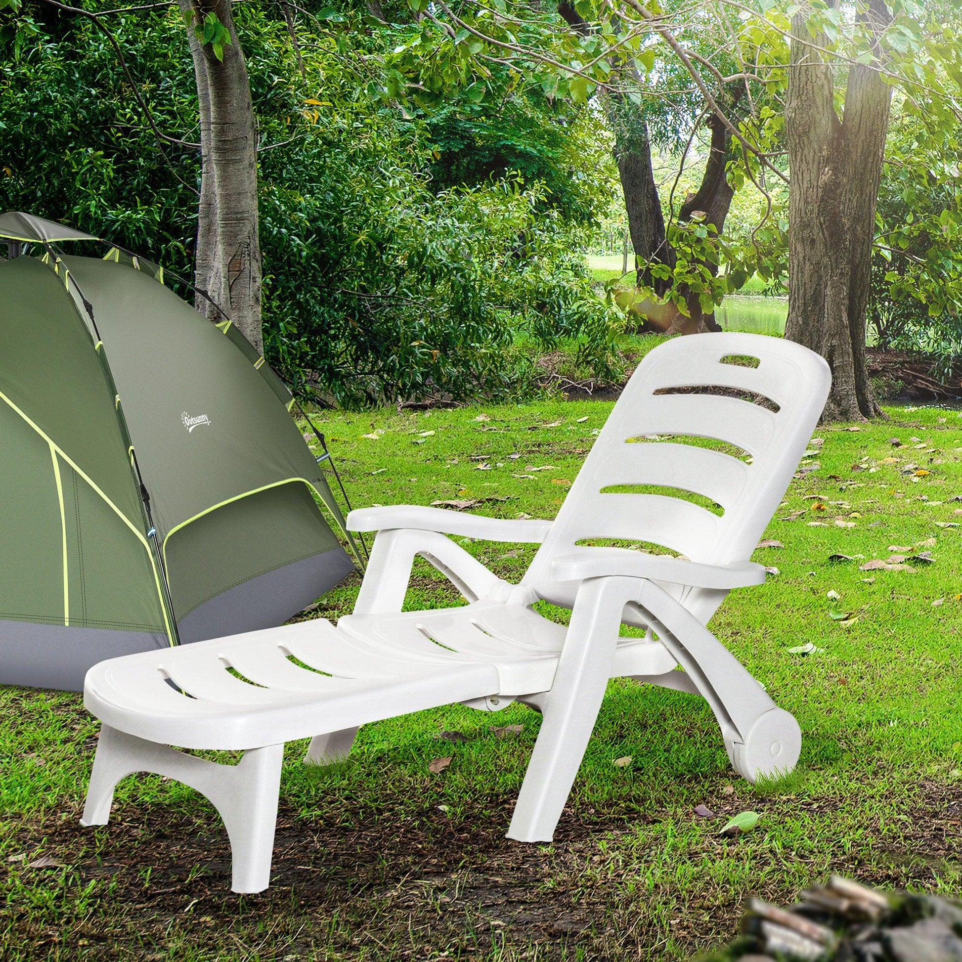 Outsunny Folding Chaise Lounge Chair on Wheels, 5-Position Backrest, White - ALL4U RETAILER LTD