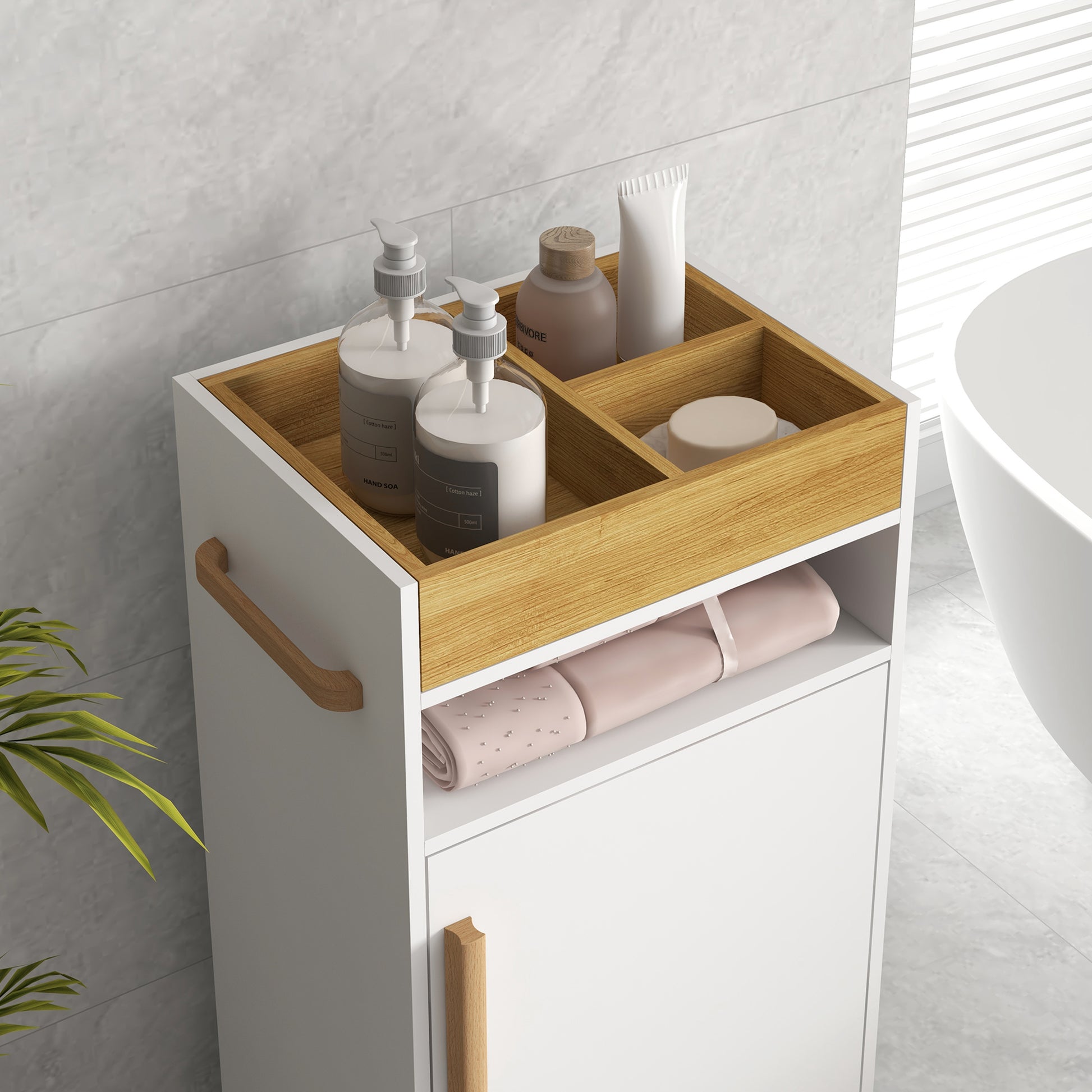 Kleankin Scandinavian Style Mobile Bathroom Storage Cabinet with Adjustable Shelves and Removable Tray - ALL4U RETAILER LTD