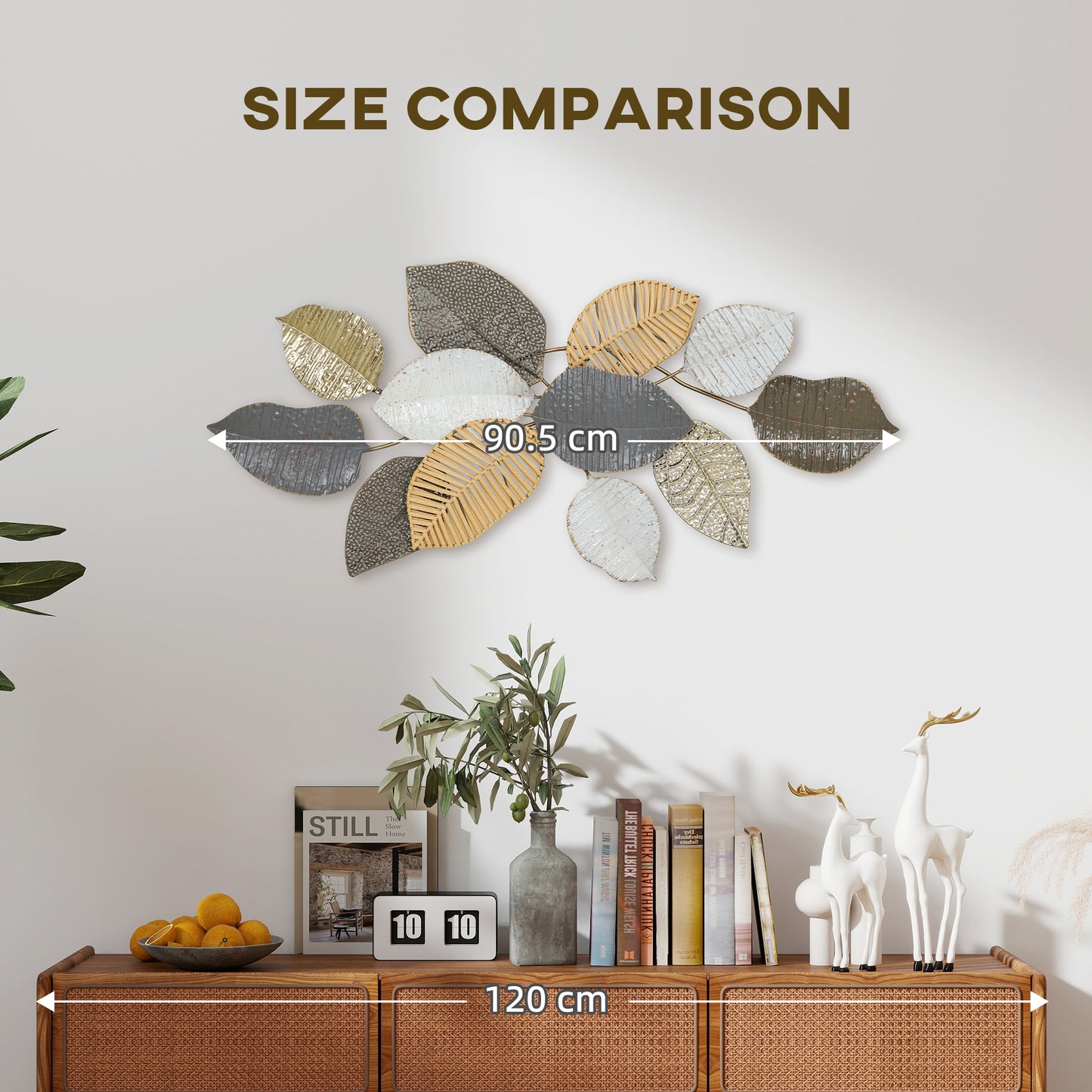 HOMCOM Metal Wall Art Modern Leaf Design Hanging Decor For Living Room Bedroom And Entryway 90.5W x 49H x 5D cm