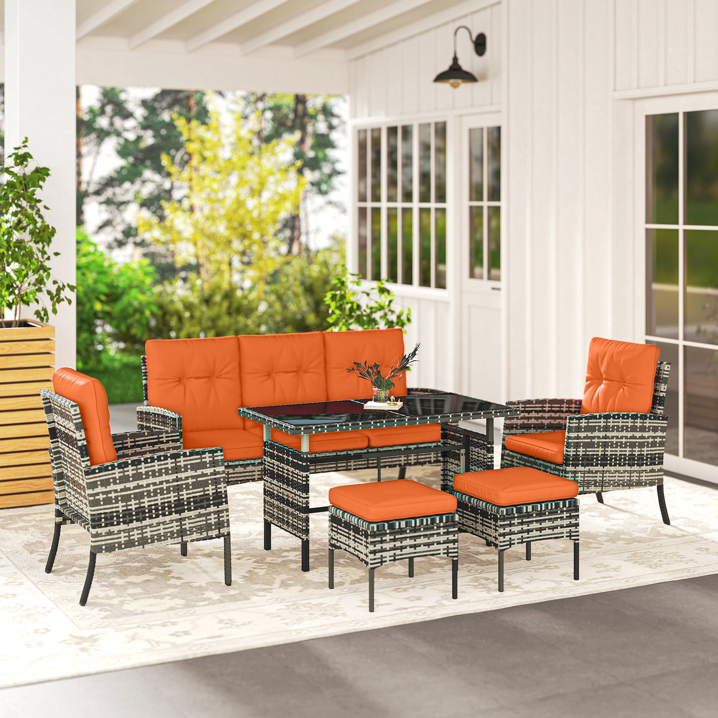 Outsunny 6 Piece Outdoor Rattan Garden Furniture Set With Dining Table And Cushions Orange