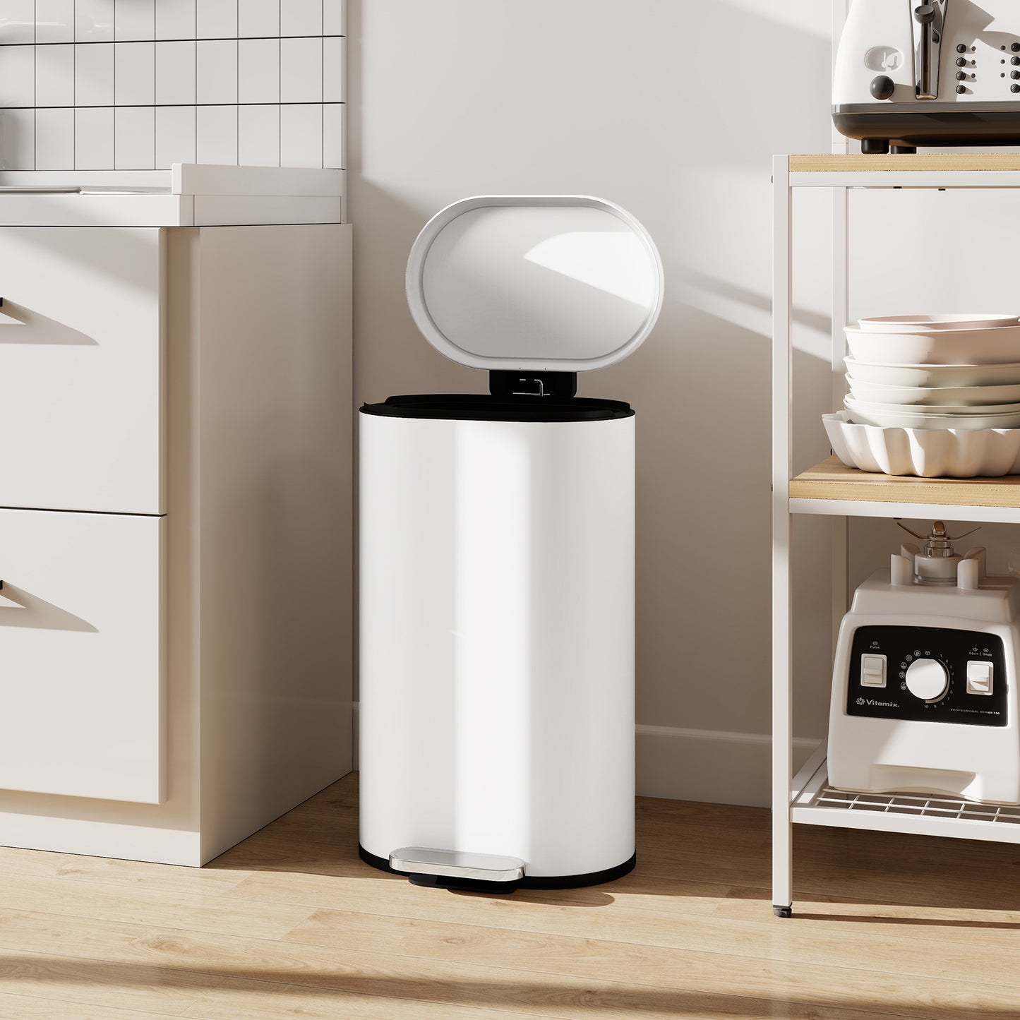 HOMCOM 30 L Modern Curved Kitchen Bin with Silent Soft Close Lid Cream Finish Pedal Operation