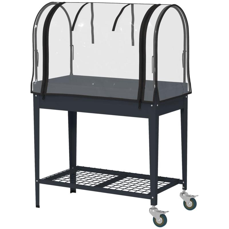 Outsunny Raised Planter with Greenhouse Cover - Mobile Elevated Garden Bed on Wheels with Bottom Shelf for Vegetables in Dark Grey - ALL4U RETAILER LTD