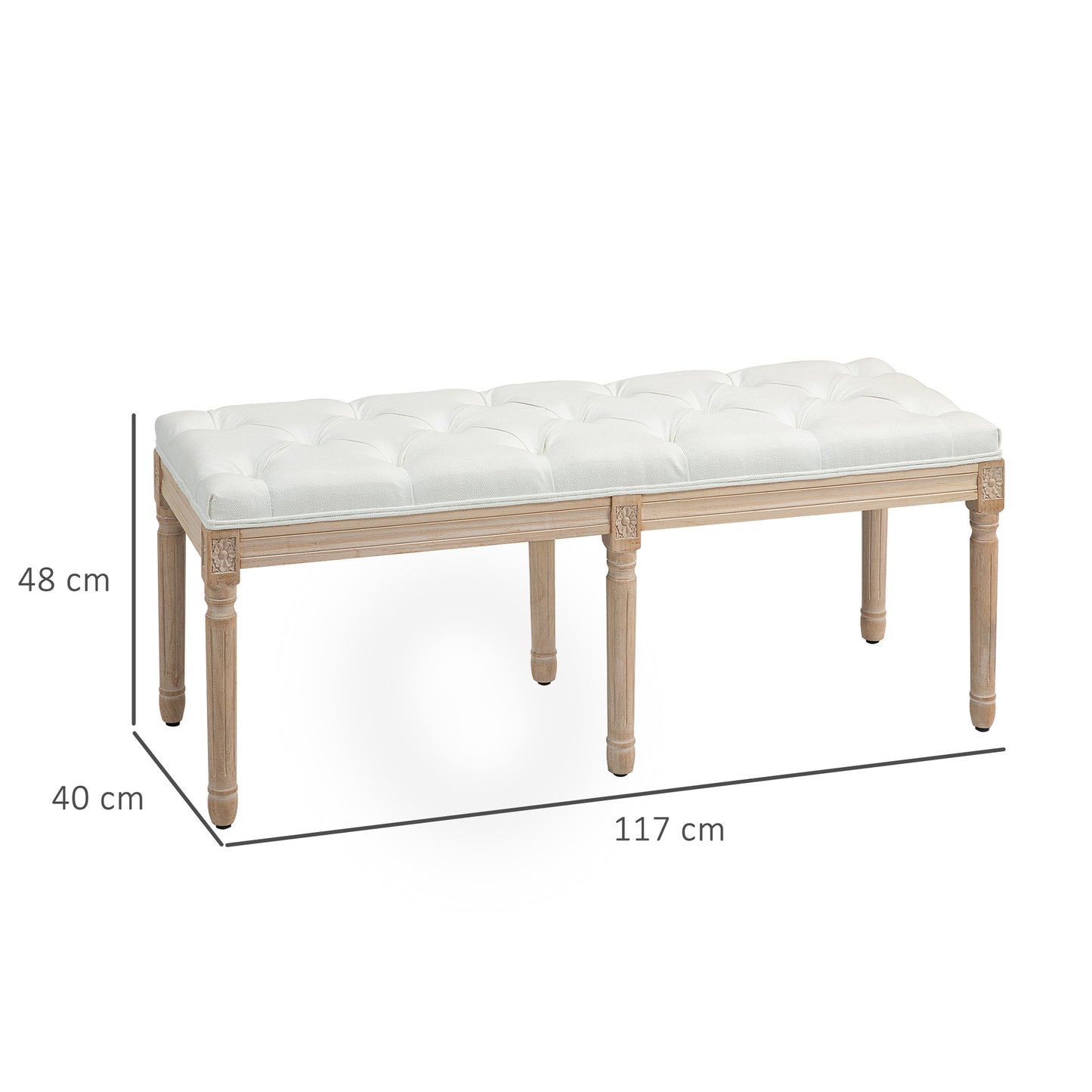 HOMCOM Vintage French Look Bed End Bench Cream White Padded Top Upholstered Wooden Frame With Elegant Carvings
