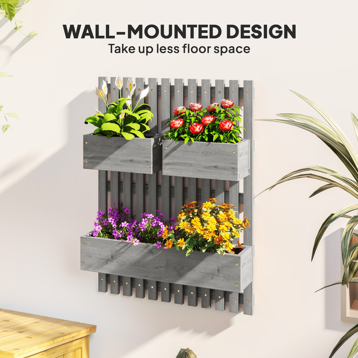 Outsunny Wall Mounted Wooden Garden Planters With Trellis And Drainage Holes Three Planter Boxes For Patio Grey