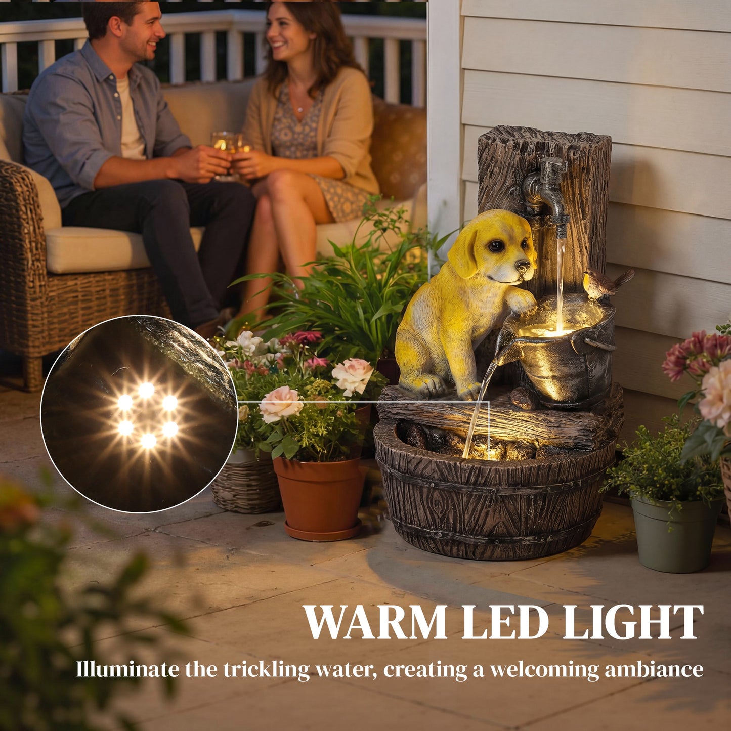 Outsunny 3 Tier Rustic Puppy Garden Water Feature Freestanding Resin With LED Lights Adjustable Flow Rustic Brown