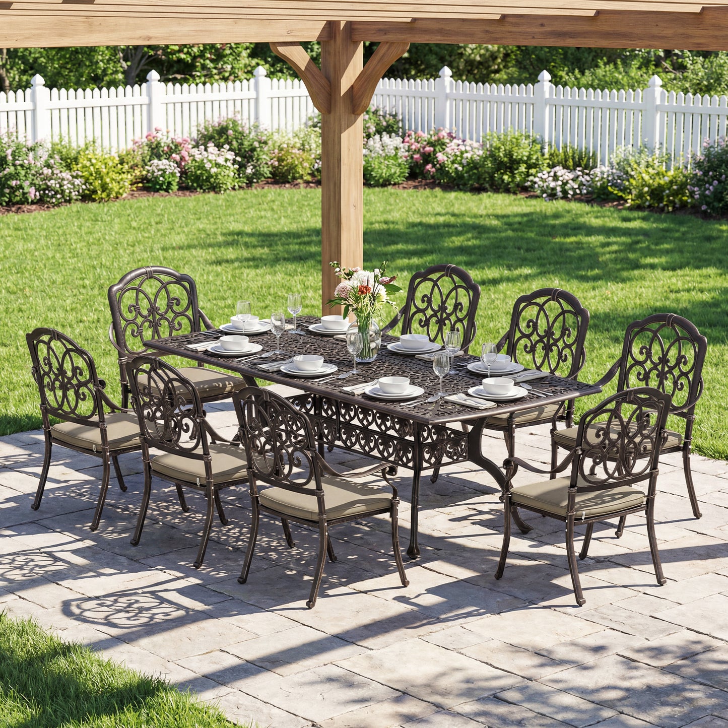 Outsunny 9 Piece Cast Aluminium Garden Table And Chairs Dining Set With Cushions Parasol Hole Bronze Tone