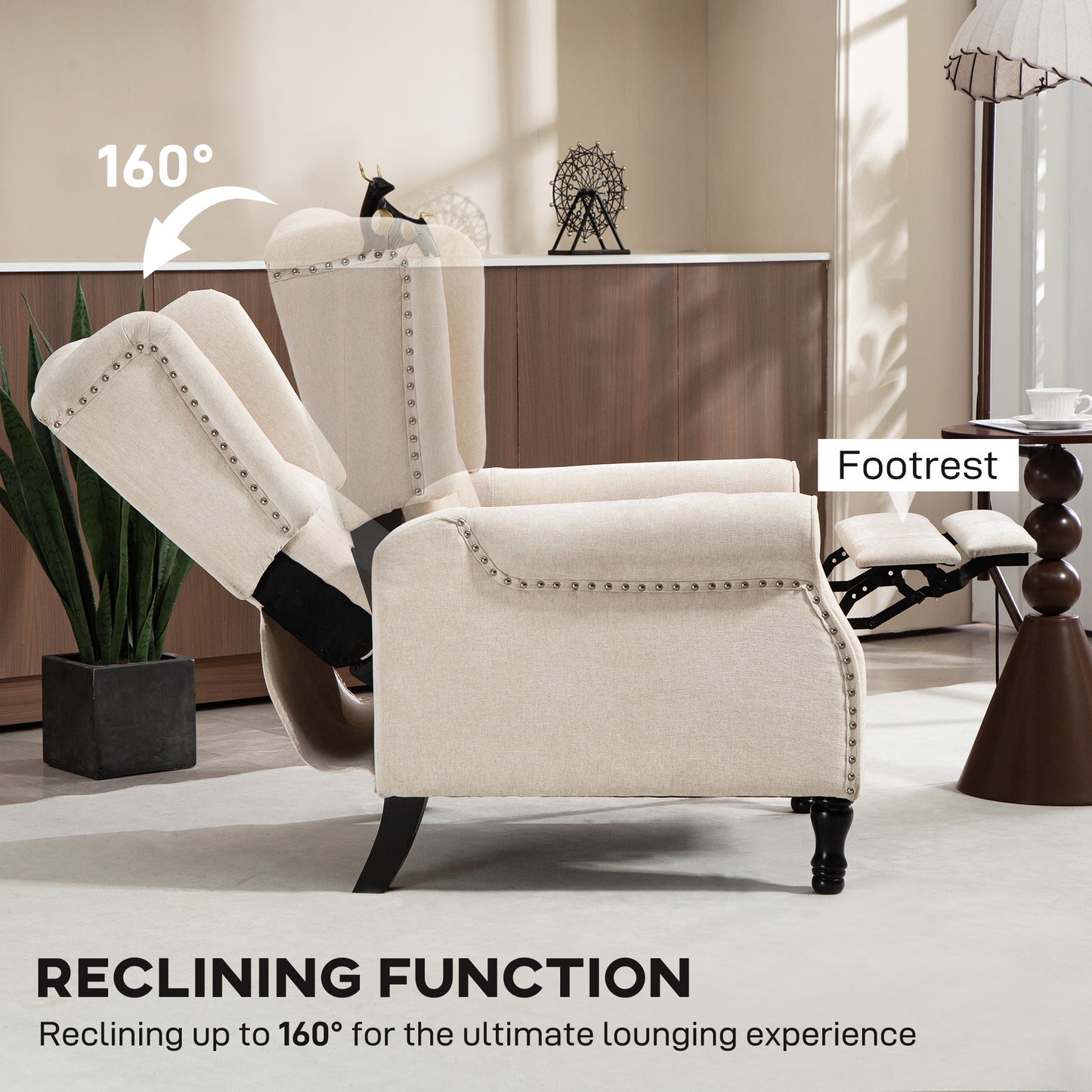 HOMCOM 150 Degree Reclining Vintage Armchair With Footrest Beige Upholstered Living Room Chair