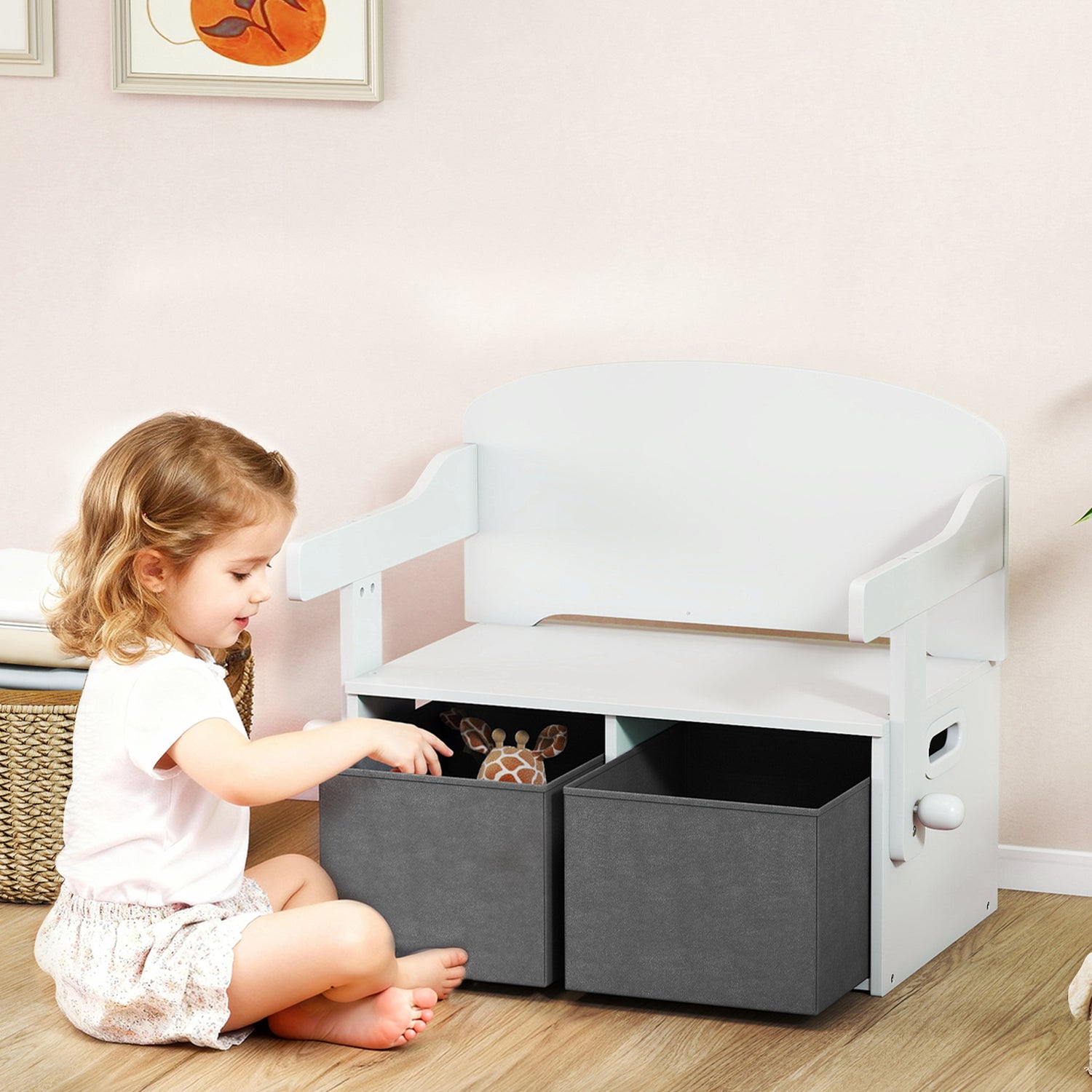 White kids storage bench with two gray fabric bins, open top for toys
