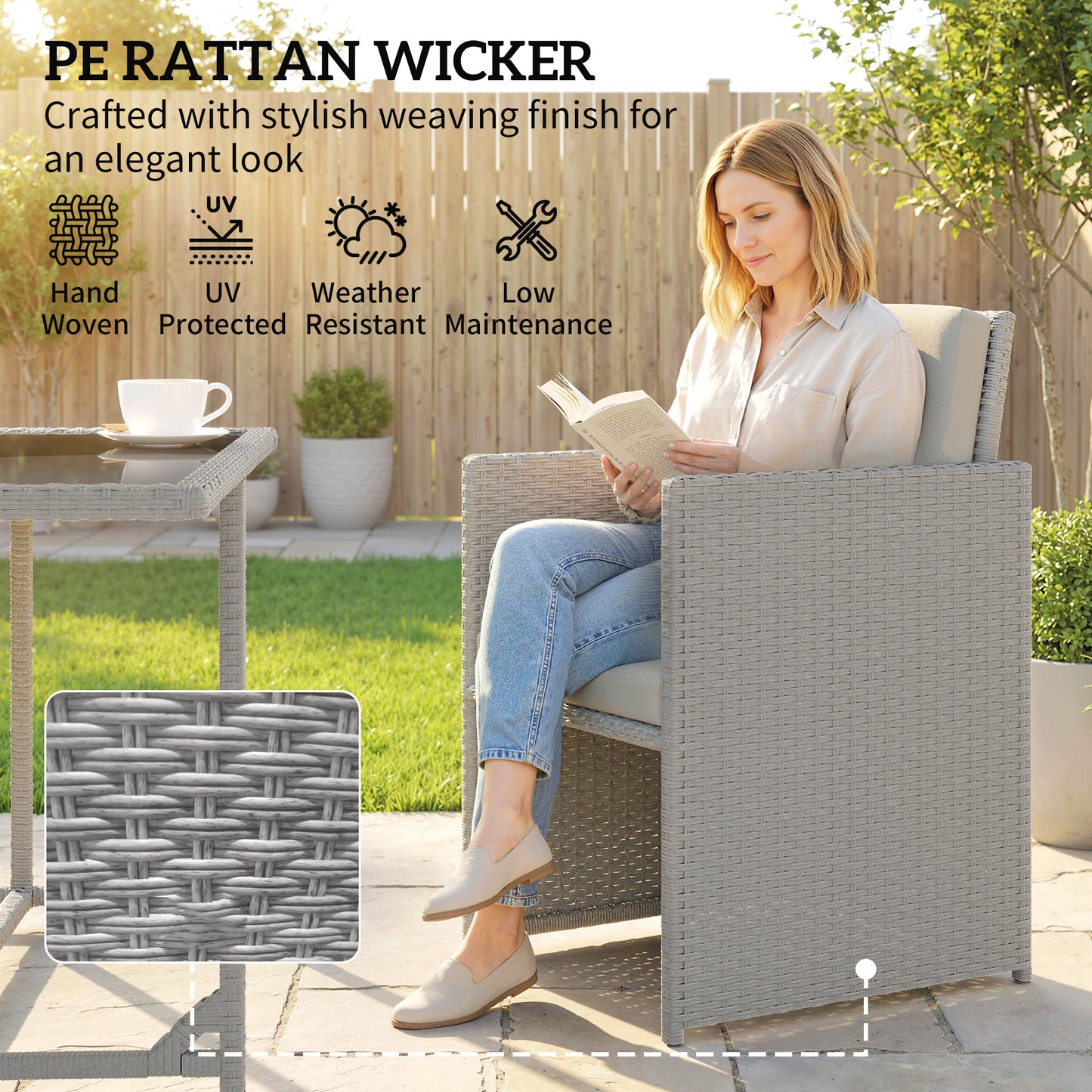 Outsunny 9 Piece Rattan Cube Garden Furniture Dining Set With Armchairs, Footstools And Glass Top Table In Light Grey