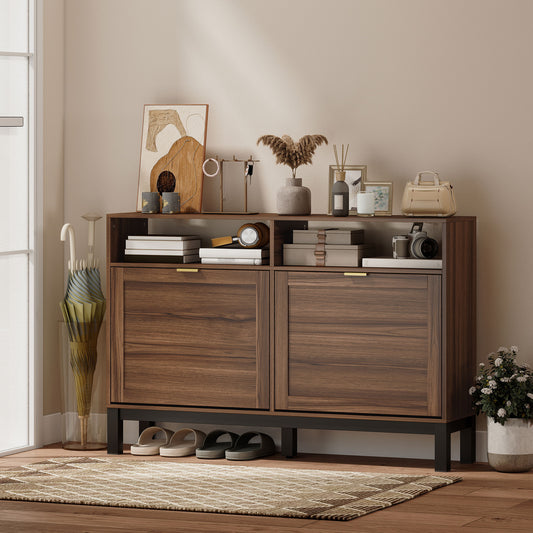 HOMCOM Narrow Shoe Cabinet With Two Flip Drawers Rustic Brown Entryway Hallway Shoe Storage