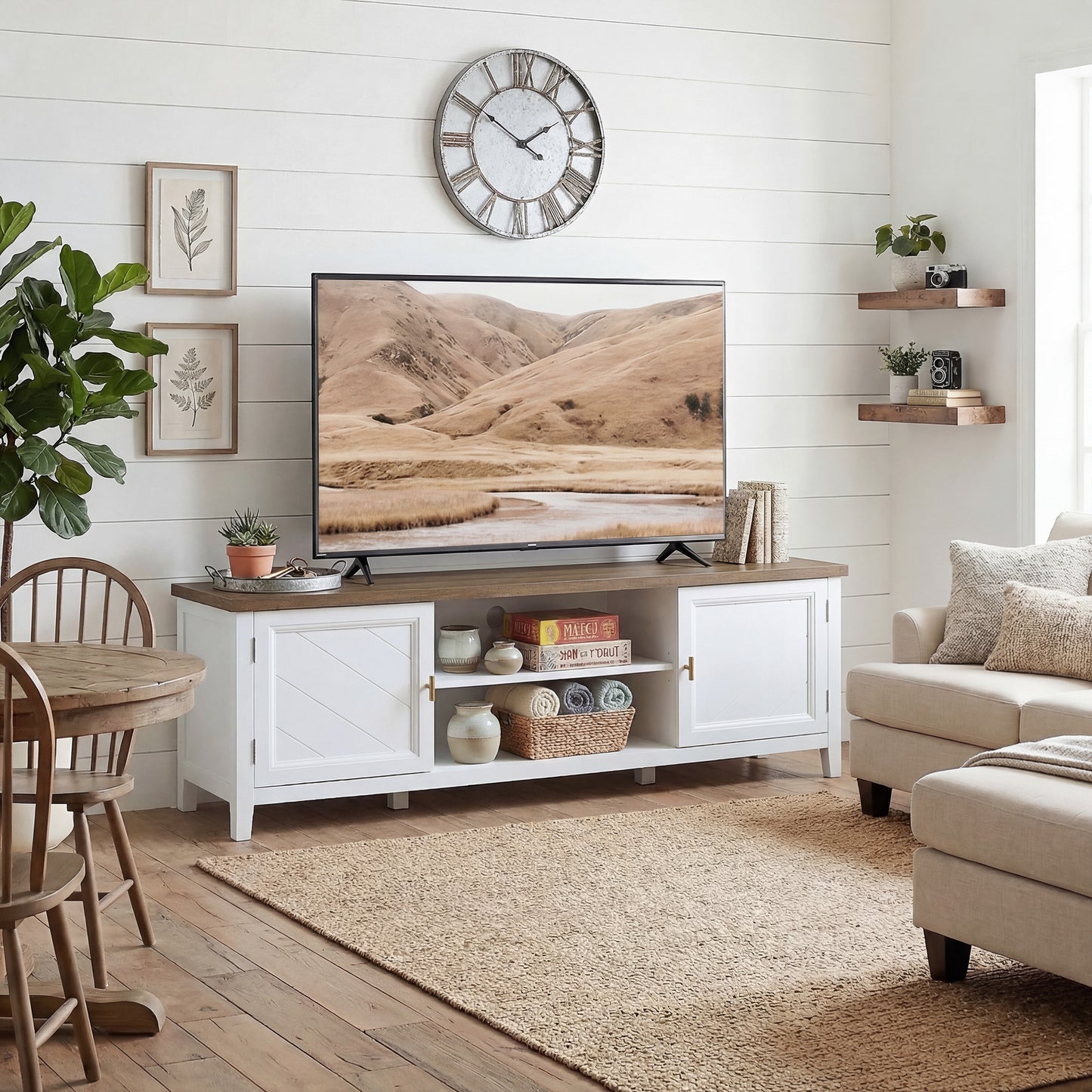 HOMCOM TV Stand For 42 Inch TVs Farmhouse Entertainment Centre With Two Cabinets And Open Shelves Thick Top
