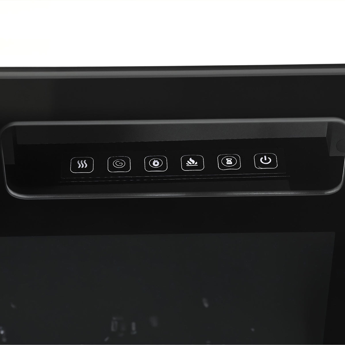 Black control panel with touch icons on electric fireplace TV stand