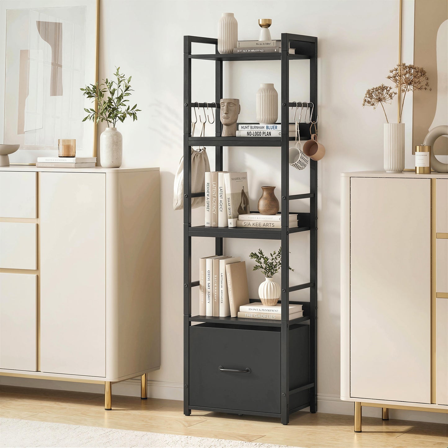HOMCOM 4 Tier Narrow Bookshelf With Drawer And 8 Hooks Metal Frame Black Storage Display Shelving For Small Spaces