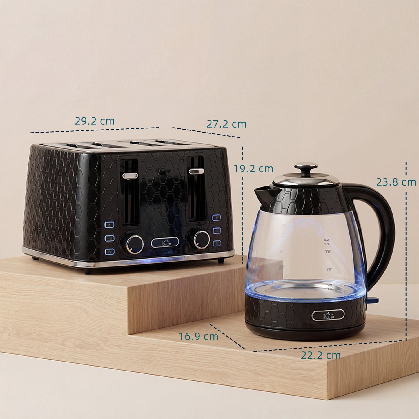 HOMCOM Kettle And Toaster Set 1.7L 3000W Rapid Kettle With Strix Thermostat 4 Slice Toaster 7 Browning Controls Black