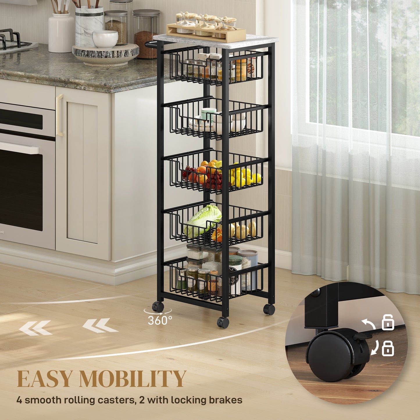 HOMCOM Five Basket Mobile Kitchen Island With Brakes Grey Black Marble Countertop