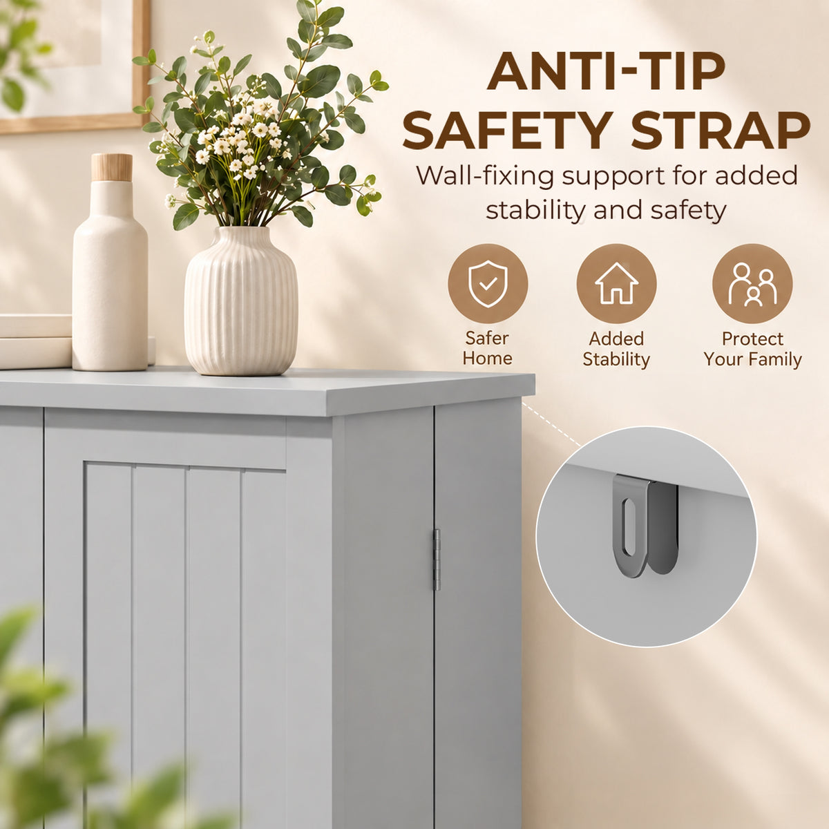 Grey cabinet top anti-tip safety strap bracket for wall fixing