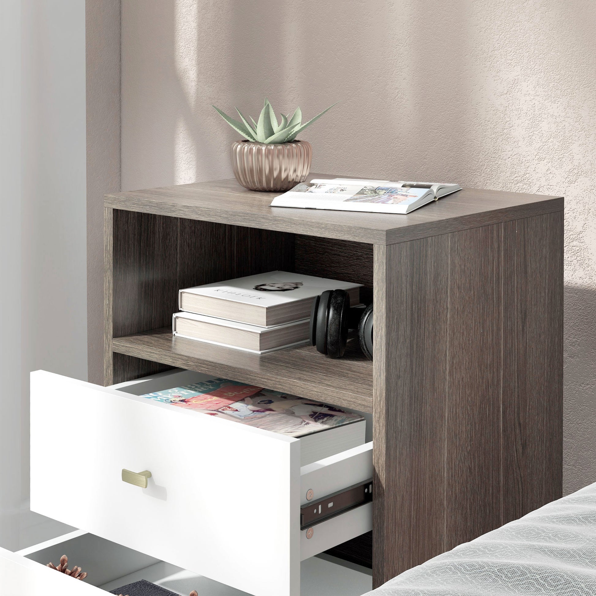 HOMCOM Scandinavian-Inspired Industrial Nightstand with Storage Drawers and Shelf - ALL4U RETAILER LTD