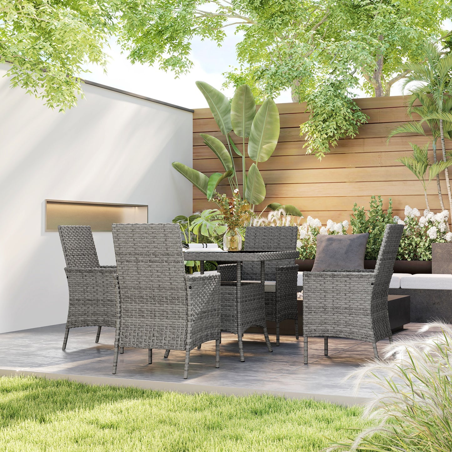 Outsunny Rattan Garden Furniture Set 4 Seater Outdoor Dining Table And Chairs With Cushions Grey Square Glass Top