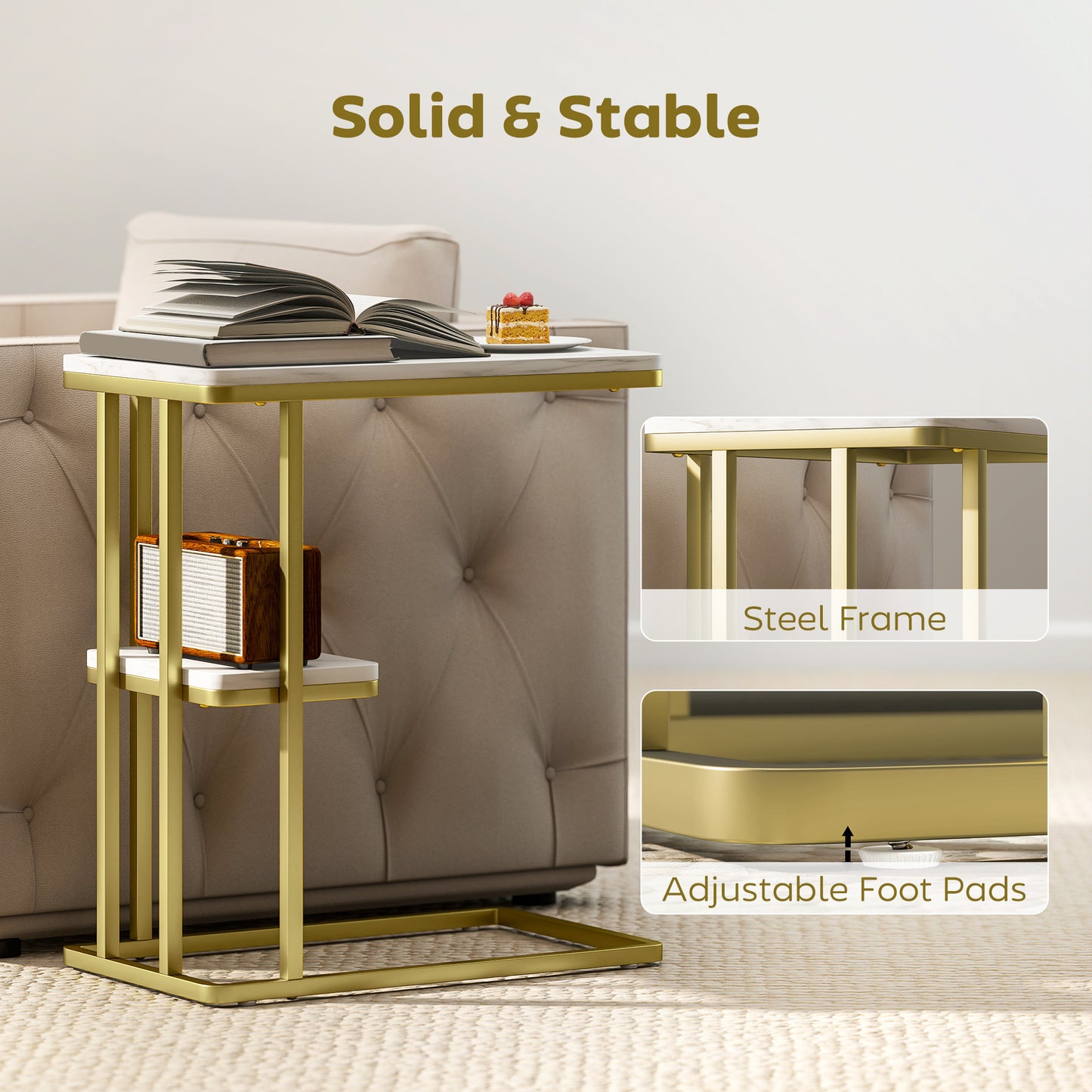 HOMCOM C Shaped Side Table 2 Tier End Table Nightstand for Small Spaces Living Room Bedroom White Marble