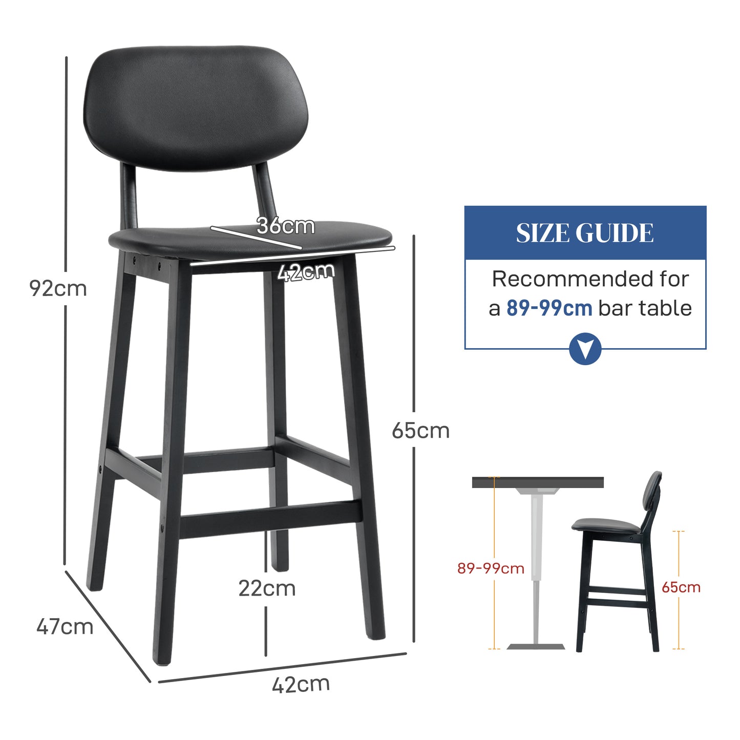 HOMCOM Modern Bar Stool Set of 2, Stylish Faux Leather Kitchen Seating with Wooden Legs and Backrests, Black - ALL4U RETAILER LTD