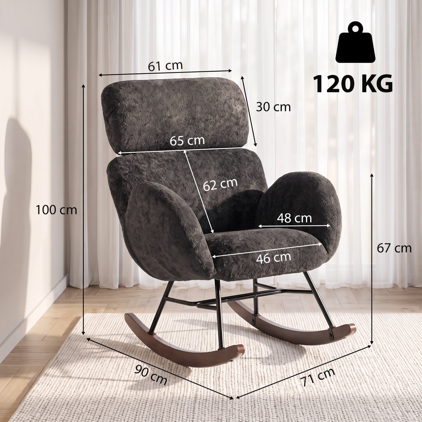 HOMCOM Dark Grey Velvet Rocking Chair With Adjustable Headrest Rubberwood Base