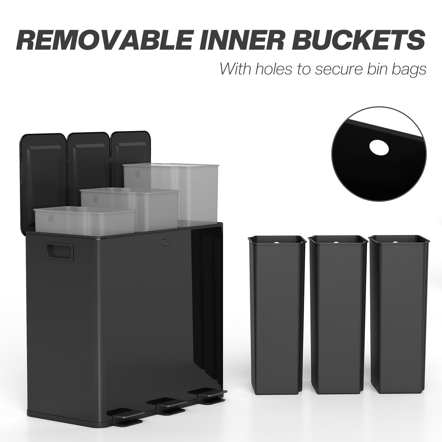 HOMCOM Three 20L Pedal Bin Stainless Steel Triple Kitchen Bin With Soft Close Lid Removable Inner Buckets Black