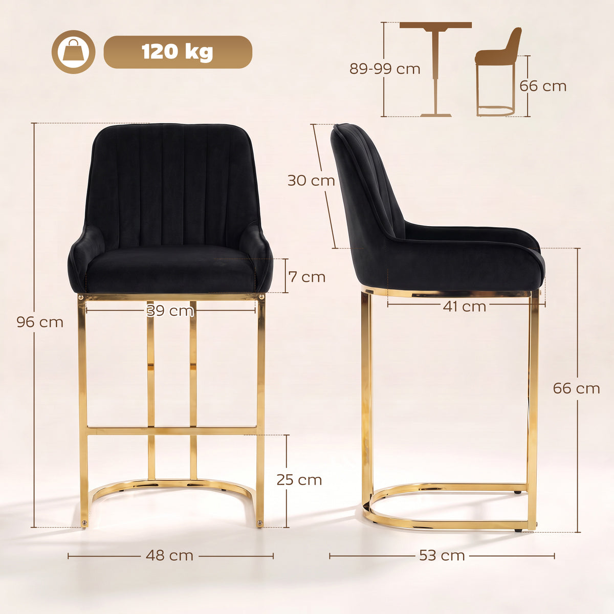 Two black velvet bar stools on gold frames, front and side views with size diagram