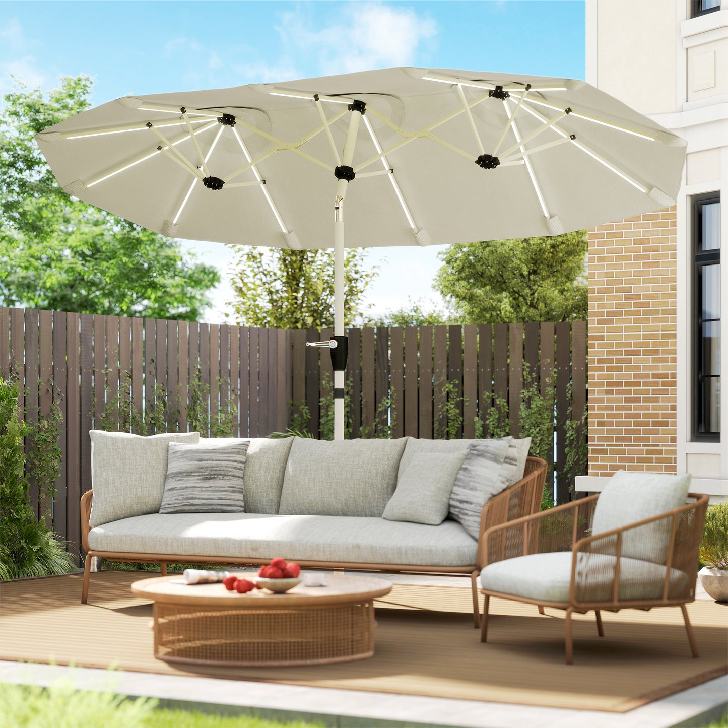 Outsunny 3m Double Sided Garden Parasol With Led Solar Lights Cream White Outdoor Sun Umbrella With Crank