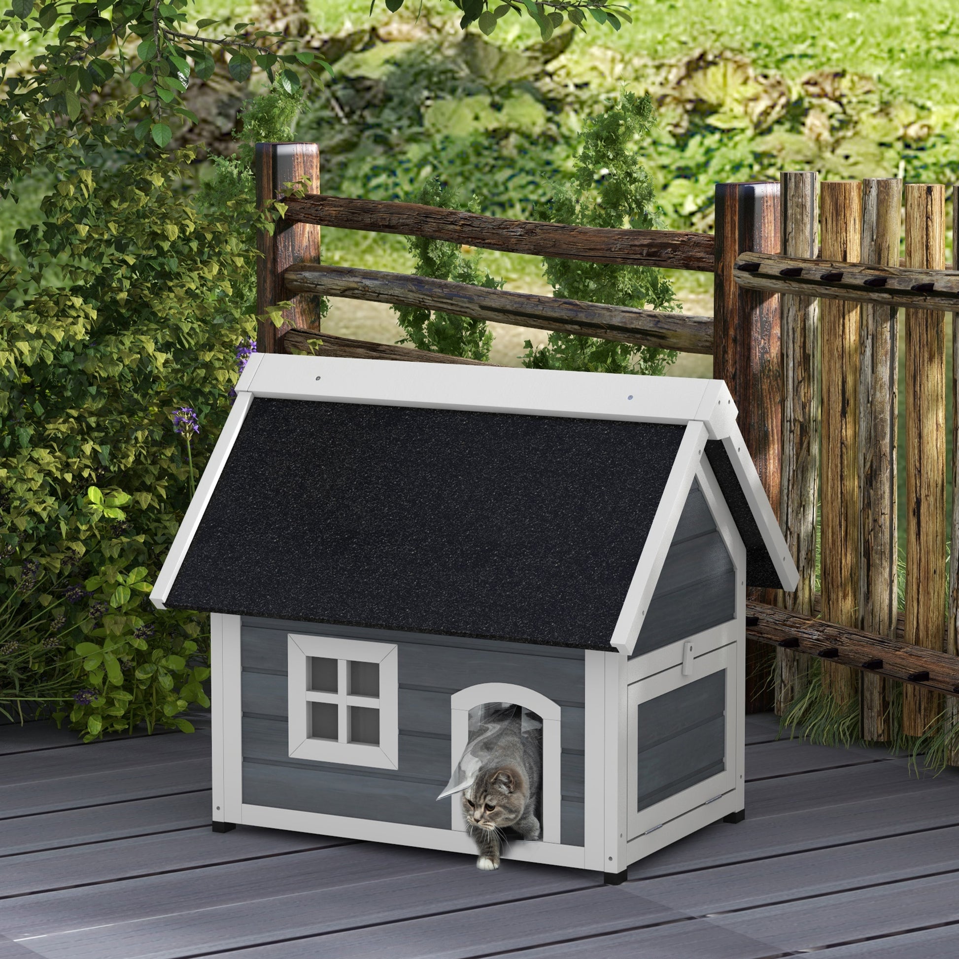 PawHut Outdoor Wooden Cat Shelter with Waterproof Asphalt Roof and Easy Access Doors - Grey Cat House - ALL4U RETAILER LTD