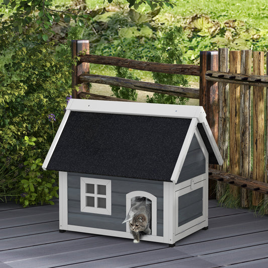 PawHut Outdoor Wooden Cat Shelter with Waterproof Asphalt Roof and Easy Access Doors - Grey Cat House - ALL4U RETAILER LTD