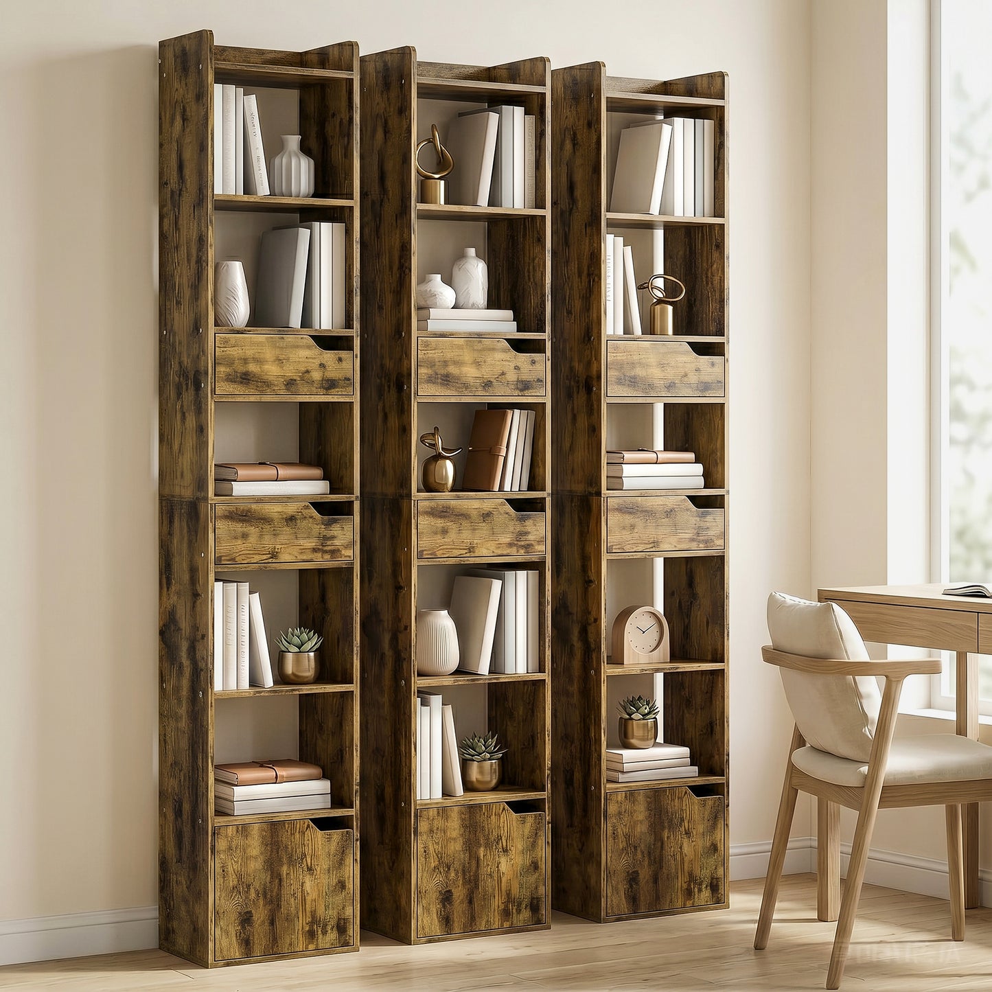 HOMCOM Tall Narrow Bookcase With 5 Tiers Drawers Freestanding Bookshelf Storage Cabinet for Living Room Rustic Brown