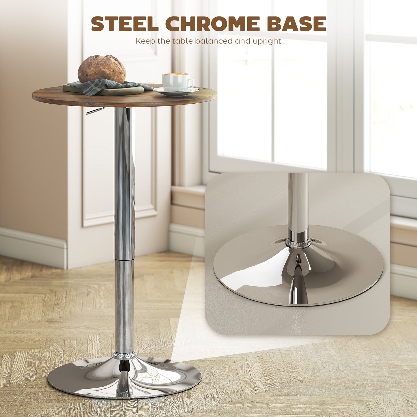 HOMCOM Round Bar Table With 360 Degree Swivel And Adjustable Height For Kitchen Cafe Rustic Brown
