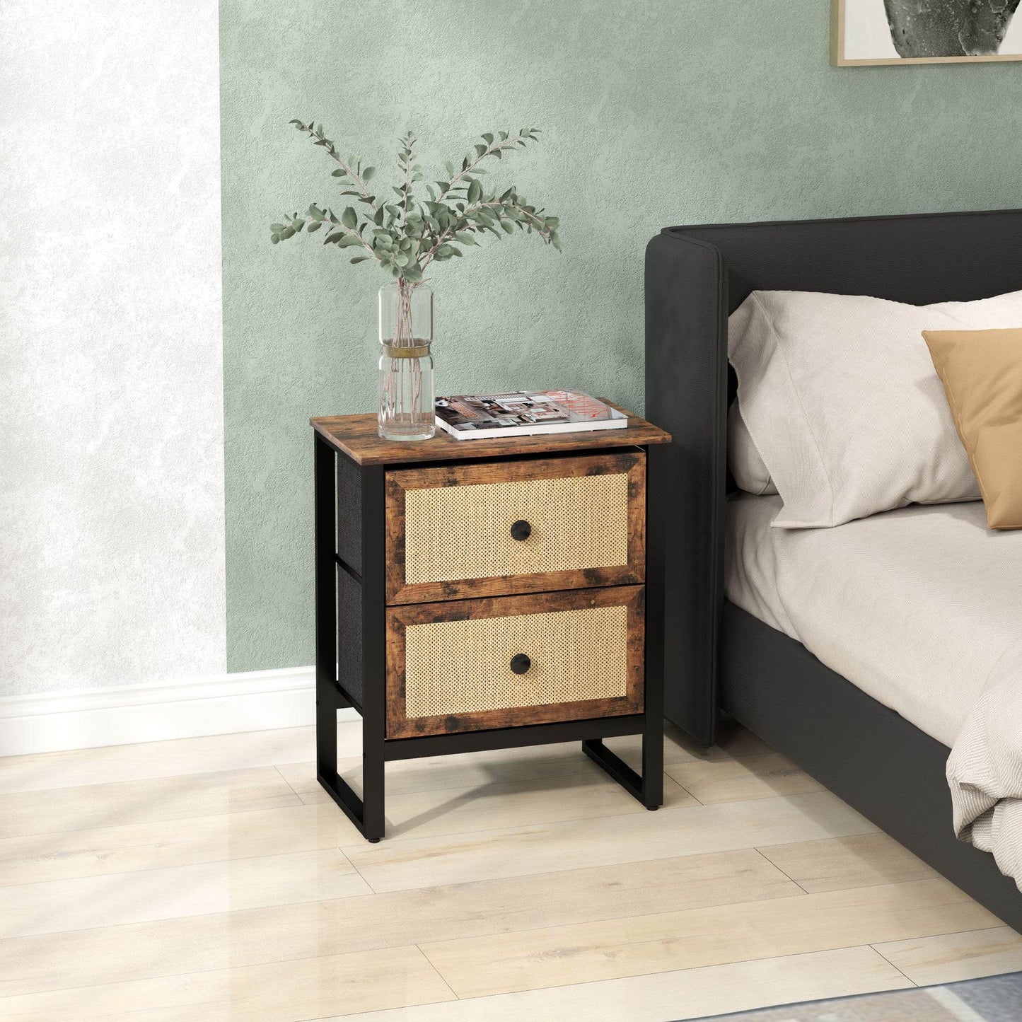 Rustic Brown HOMCOM Rattan Drawer Nightstand with Steel Legs for Bedroom and Living Room - ALL4U RETAILER LTD