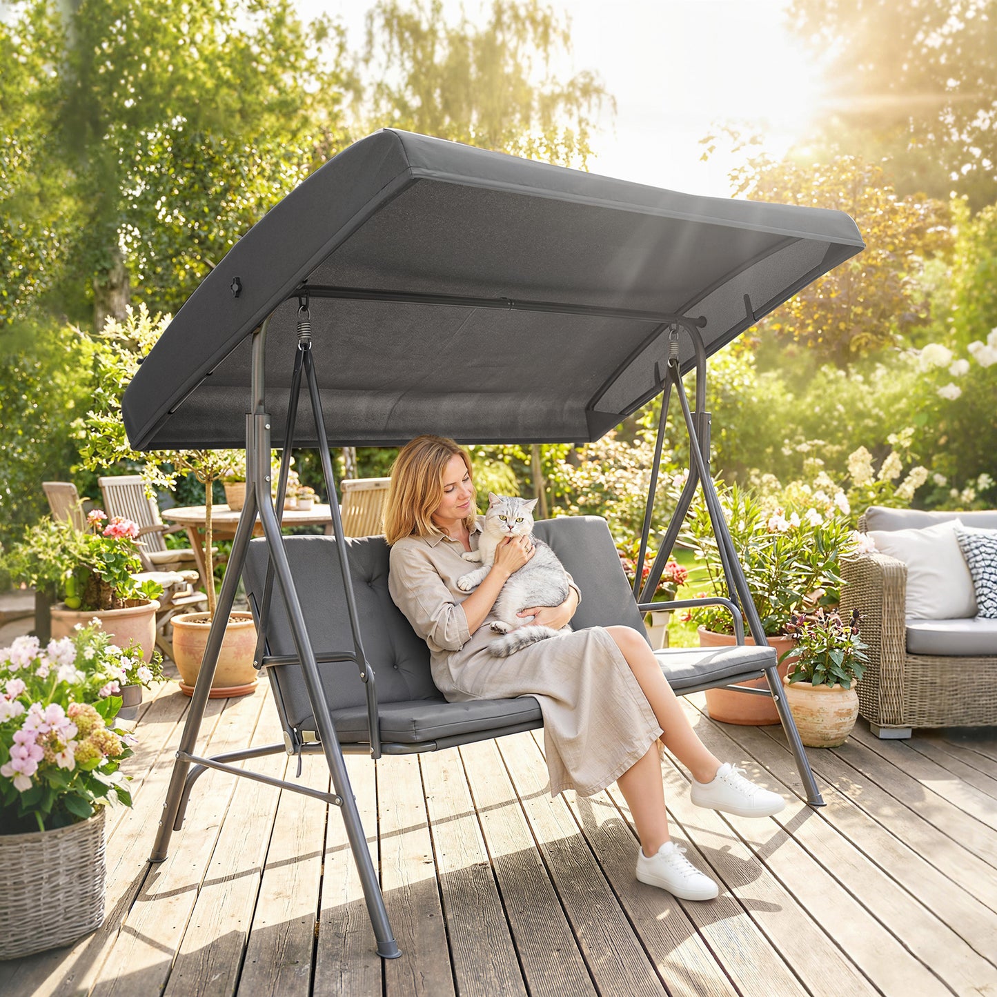 Outsunny 3 Seater Garden Swing Chair Tilting Canopy Patio Rocking Bench Steel Frame Removable Cushions Dark Grey