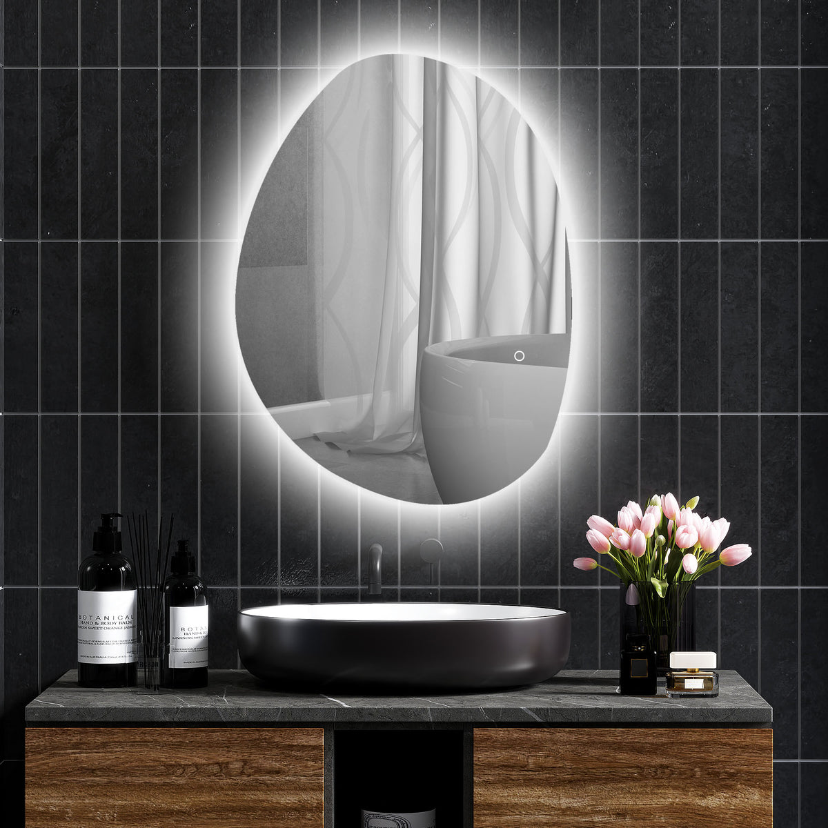 Oval backlit LED bathroom mirror with circular light halo