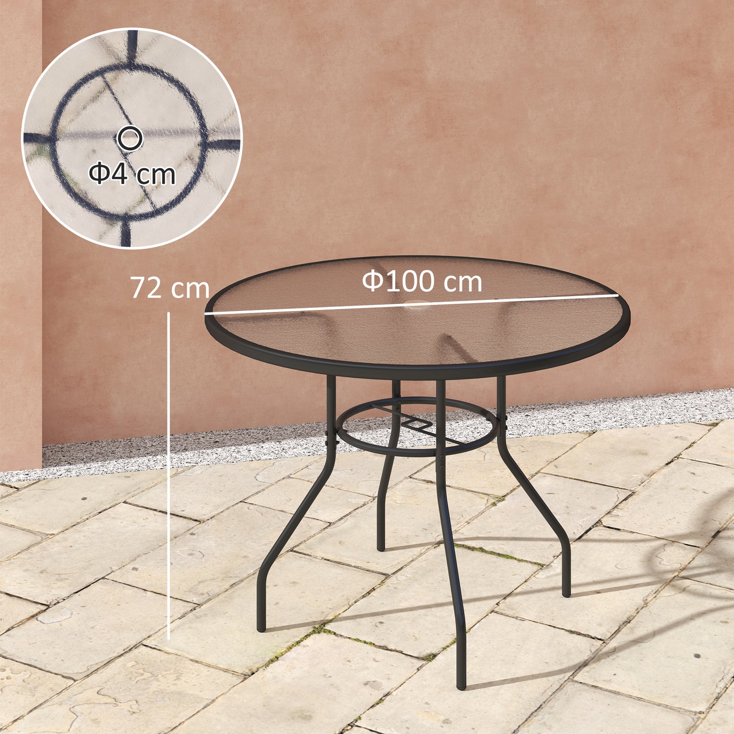 Outsunny Glass Top Outdoor Garden Table with Parasol Hole Black Steel Frame Tempered Glass Bistro Table for Patio