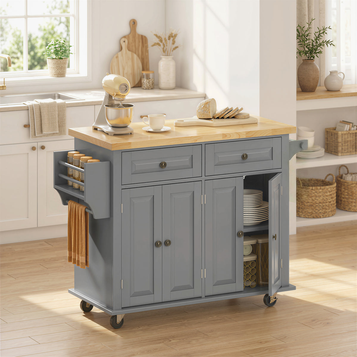 Rolling kitchen island with rubberwood top, gray drawers, and open side storage on casters