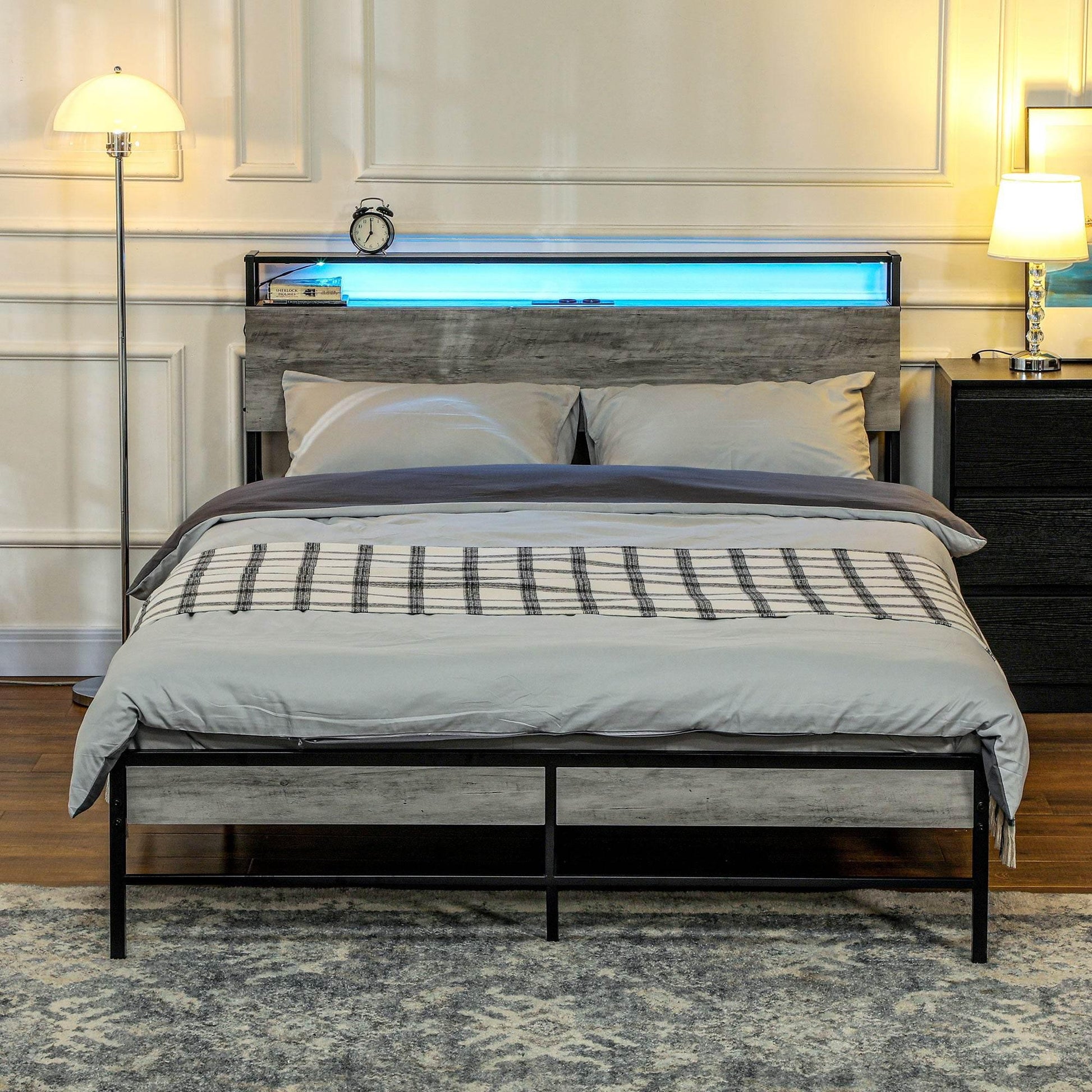 HOMCOM Grey Double Bed Frame with LED Lighting and Tri-Level Headboard Storage - ALL4U RETAILER LTD