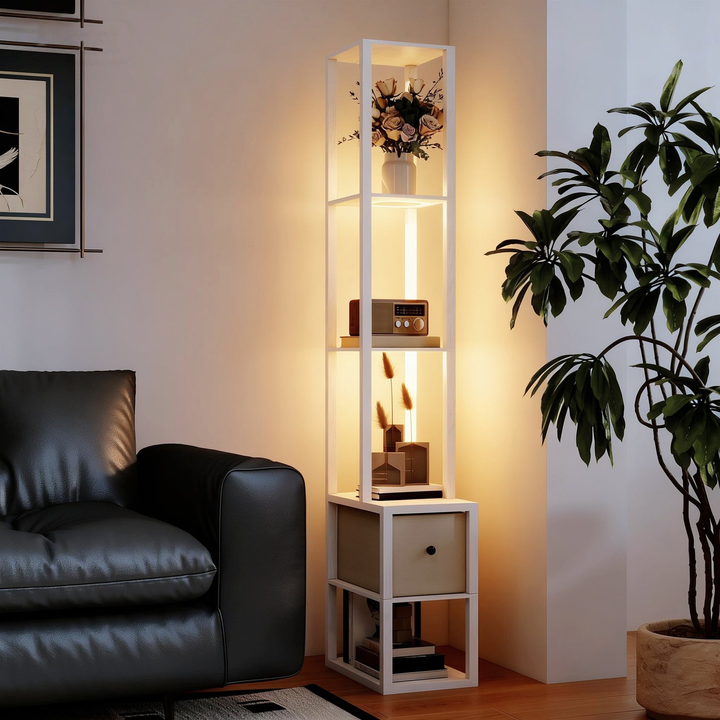 HOMCOM Floor Lamp With Shelves And Fabric Drawer LED Column Modern Standing Lamp Adjustable Brightness Foot Switch White
