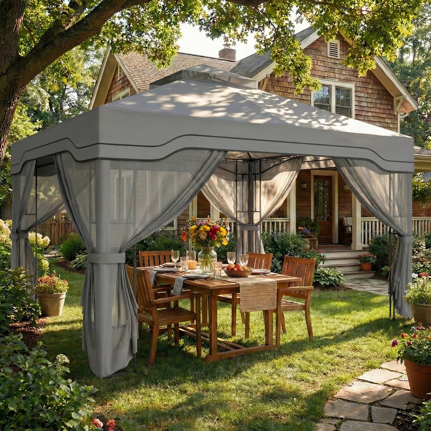 Outsunny 3 X 3.6 m Outdoor Garden Gazebo With Post Shelves UPF50 Plus Roof Mesh Panels Dark Grey