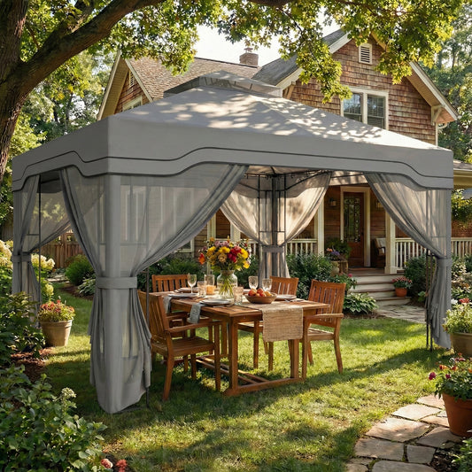 Outsunny 3 X 3.6 m Outdoor Garden Gazebo With Post Shelves UPF50 Plus Roof Mesh Panels Dark Grey