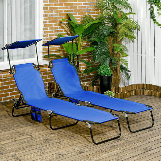 Outsunny Set of Two Folding Sun Loungers with Adjustable Backs and Sun Canopies Blue