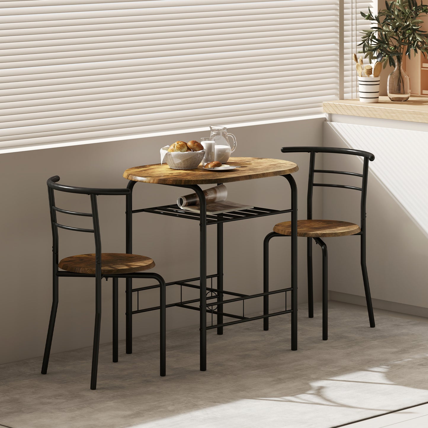 HOMCOM Three Piece Compact Dining Set With Two Chairs And Table In Rustic Brown Metal Frame And MDF Tops Space Saving