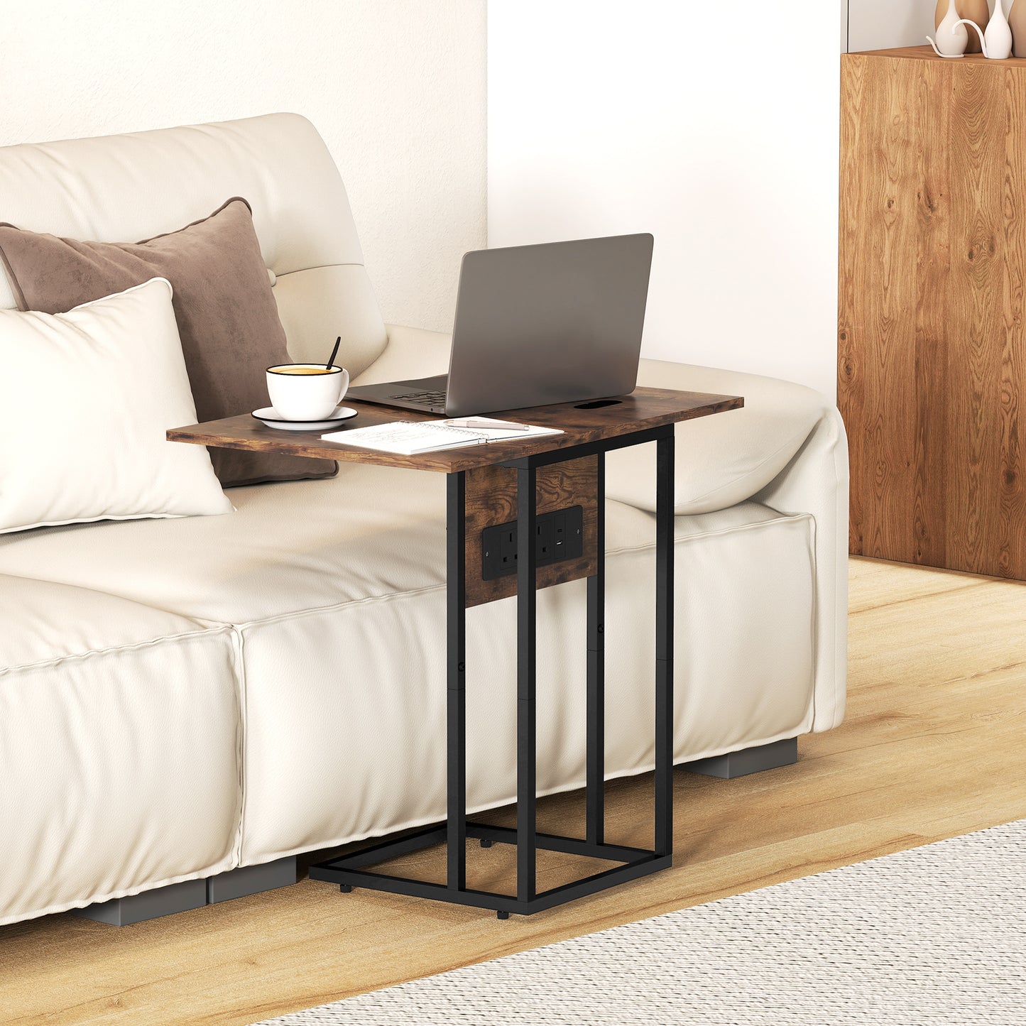 HOMCOM C Shaped Side Table With Charging Station And Foldable Top Rustic Brown Compact Design