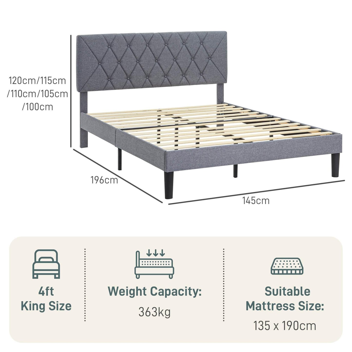 HOMCOM King Size Bed Frame with Adjustable Linen Upholstered Headboard and Wooden Slats, No Box Spring Required, Grey - ALL4U RETAILER LTD