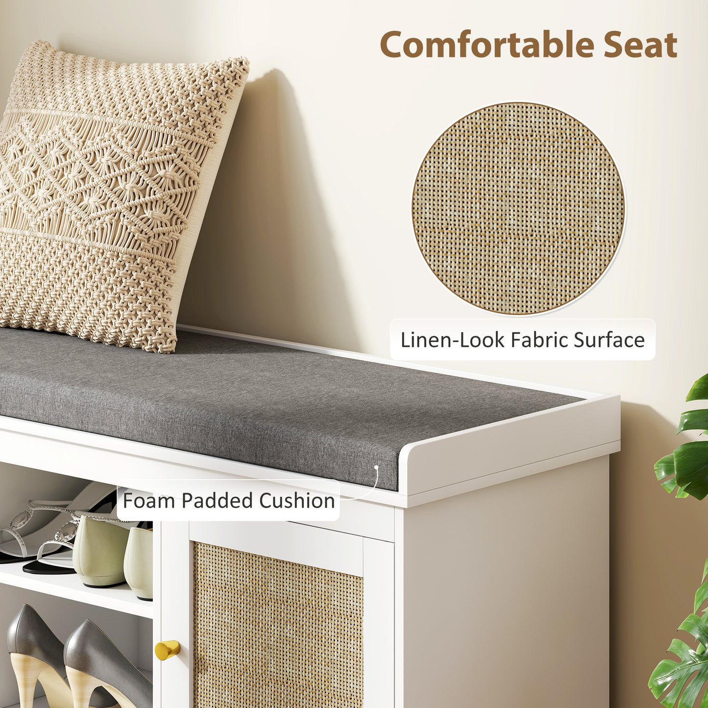 HOMCOM Boho Shoe Storage Bench With Padded Cushion And Rattan Doors Holds Up To Nine Pairs White