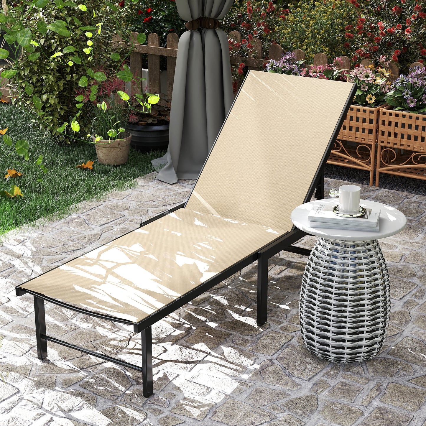Outsunny Reclining Sun Lounger Khaki Outdoor Garden Lounge With Five Position Backrest And Breathable Textiline Seat