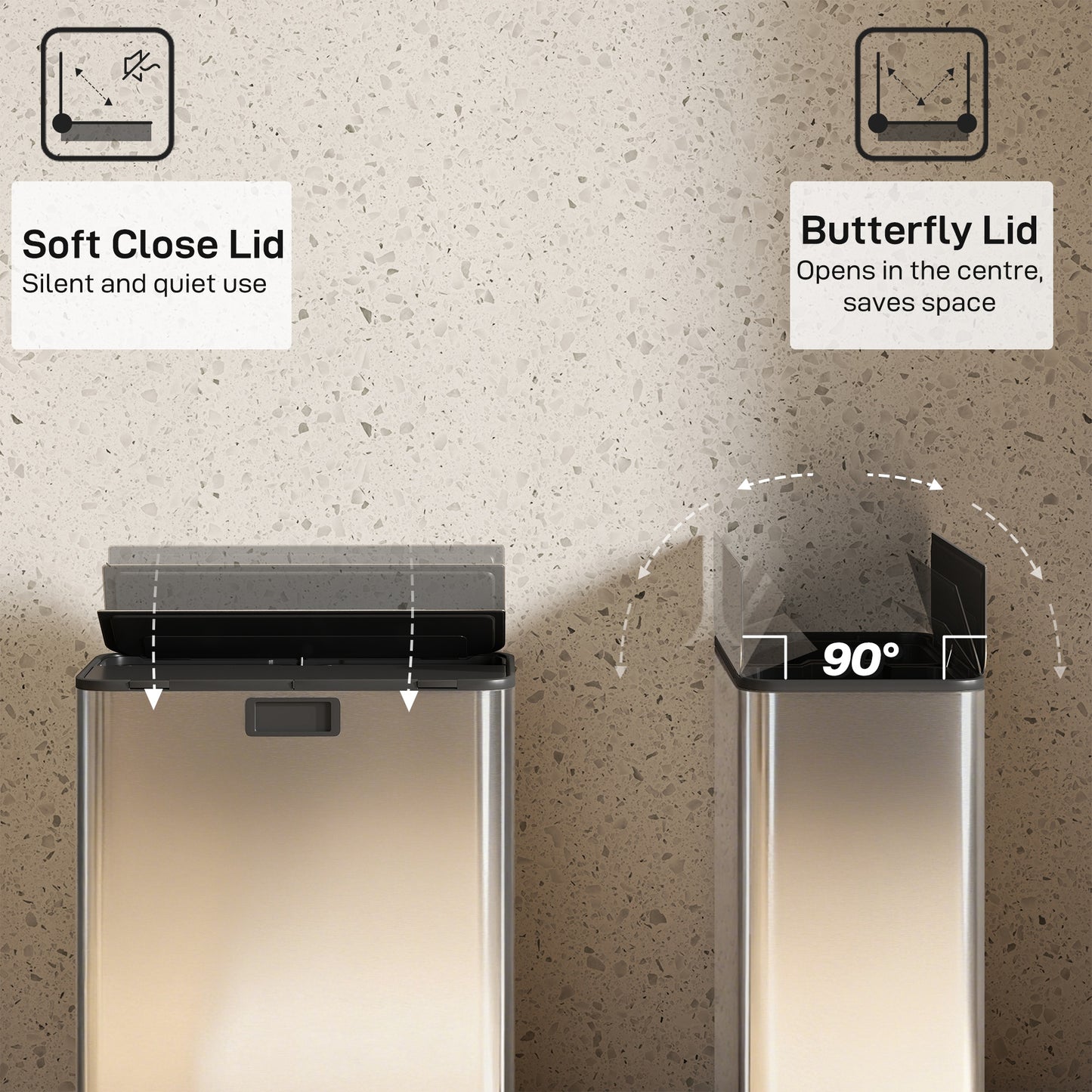 HOMCOM Dual Kitchen Bin With Soft Close Butterfly Lid 2 x 28L Stainless Steel Pedal Bins Fingerprint Proof Silver Tone
